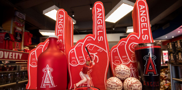 Collection of Angels Merchandise with Shohei Ohtani figurine